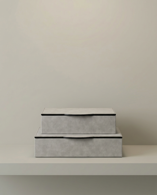 Grey Stone Box Duo, front view on neutral background