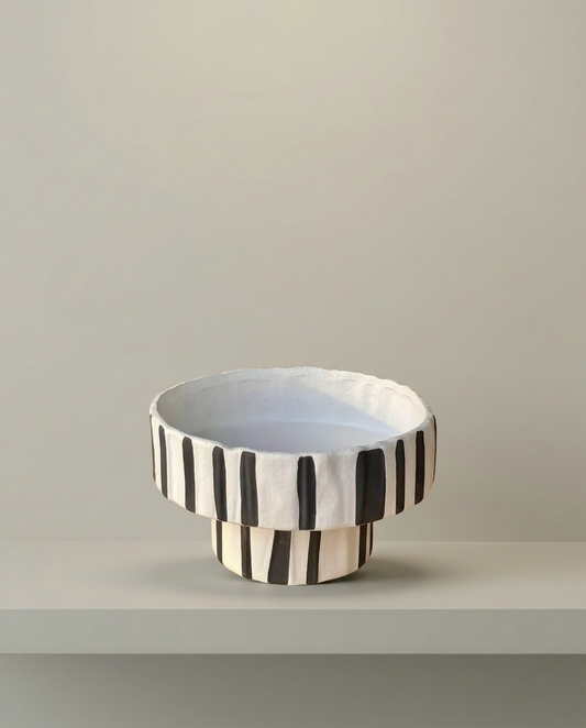 Pinstripe Footed Bowl, front view on neutral background