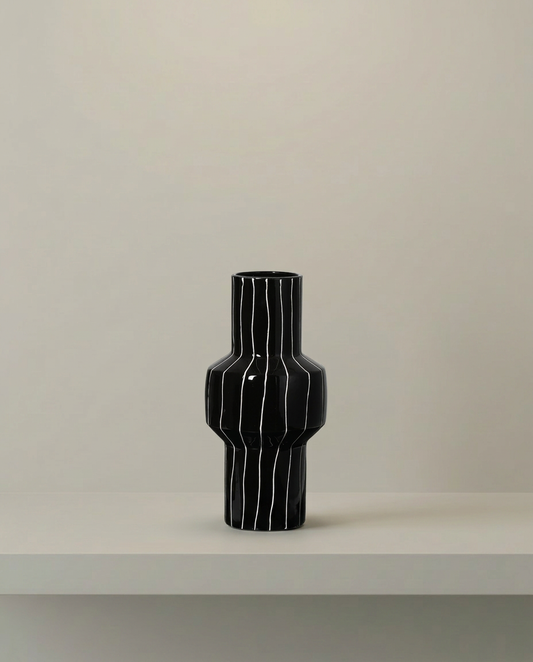 Pinstripe Glass Vase, front view on neutral background