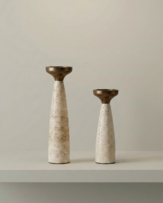 Travertine Brass Candle Holders, front view on neutral background