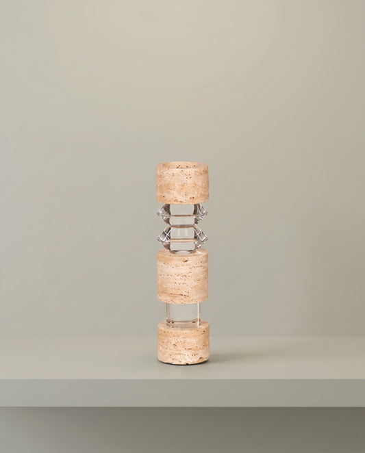 Travertine Crystal Candle Holder, front view on neutral background