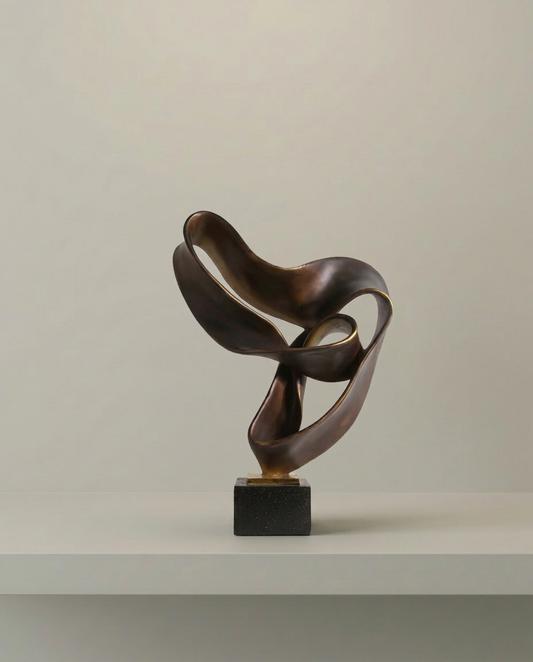 Twisted Bronze Sculpture, front view on neutral background