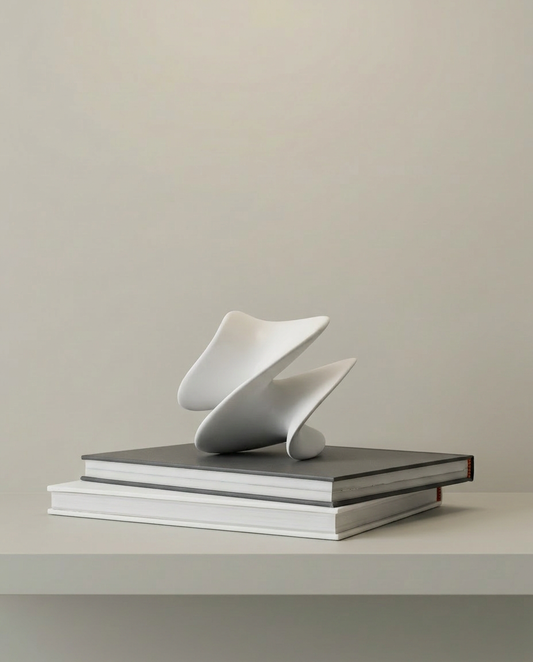 White Resin Geometric Sculpture, front view on neutral background