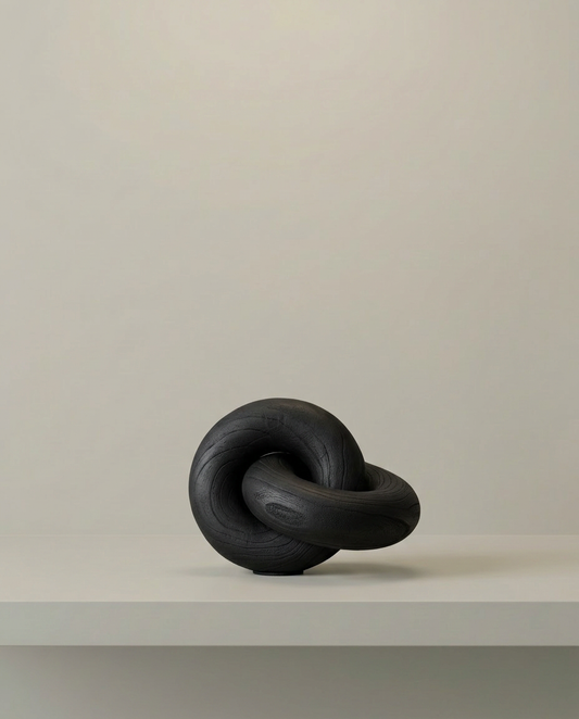 Wood Knot Sculpture, Black, front view on neutral background