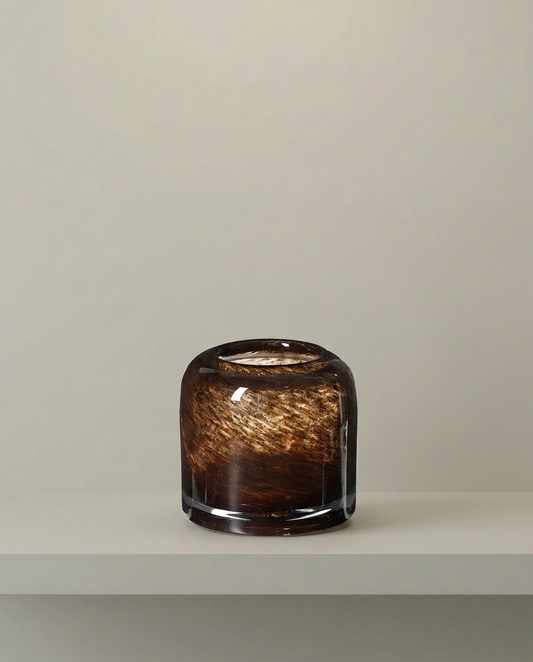 Amber Glass Candle Holder, Short, front view on neutral background