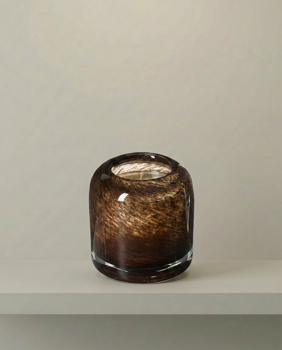 Amber Glass Candle Holder, Short, elevated angle view