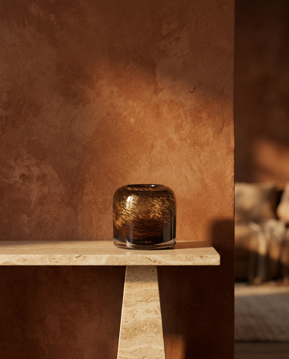 Amber Glass Candle Holder, Short, styled in a real interior setting