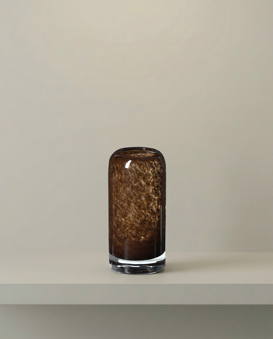 Amber Glass Candle Holder, Tall, front view on neutral background