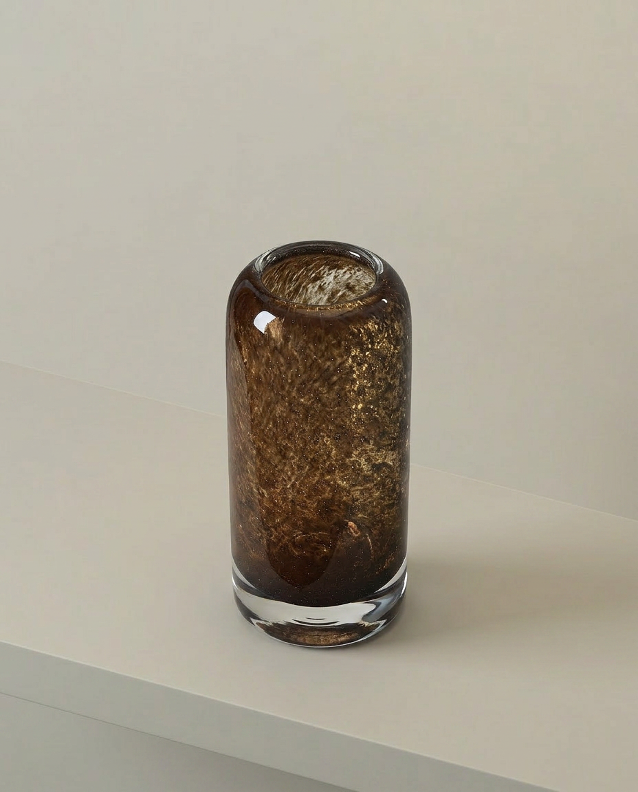 Amber Glass Candle Holder, Tall, elevated angle view
