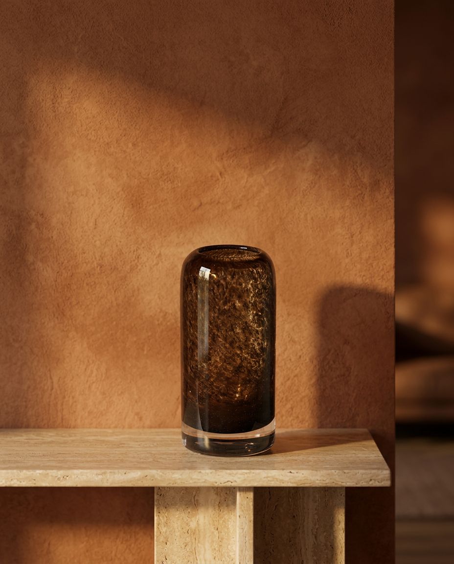 Amber Glass Candle Holder, Tall, styled in a real interior setting