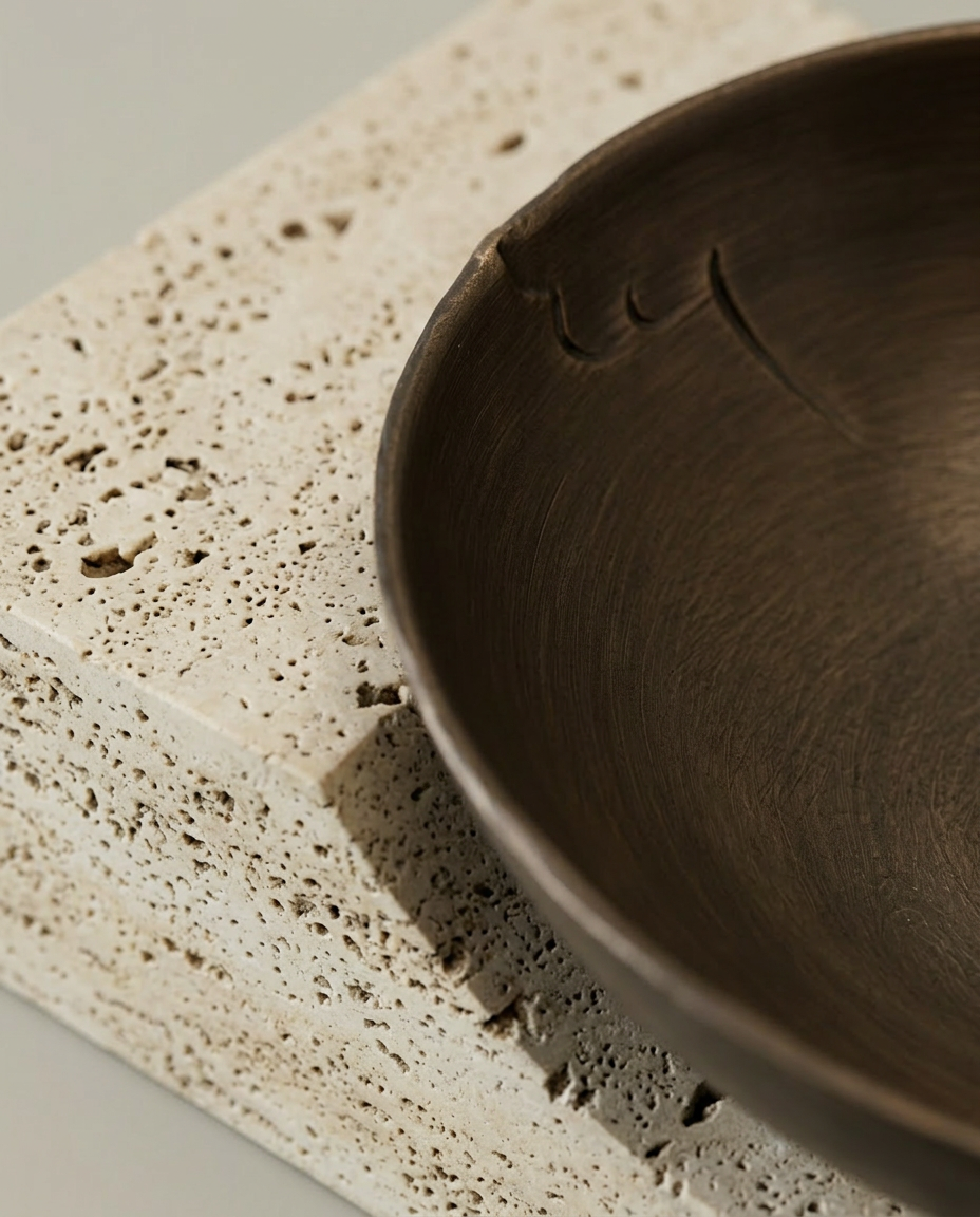 Bronze Travertine Bowl, close-up detail showing texture and material