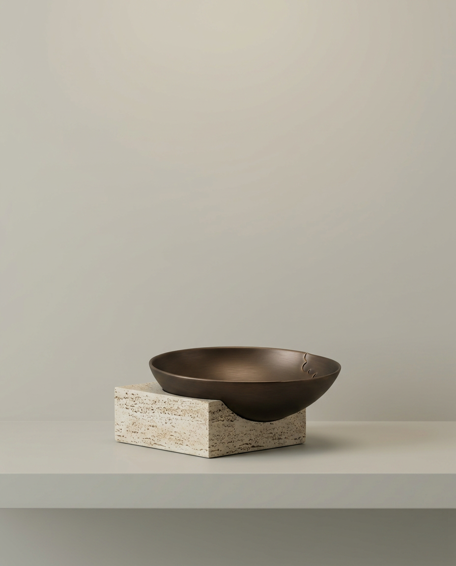 Bronze Travertine Bowl, front view on neutral background
