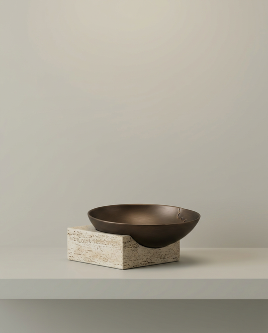 Bronze Travertine Bowl, front view on neutral background