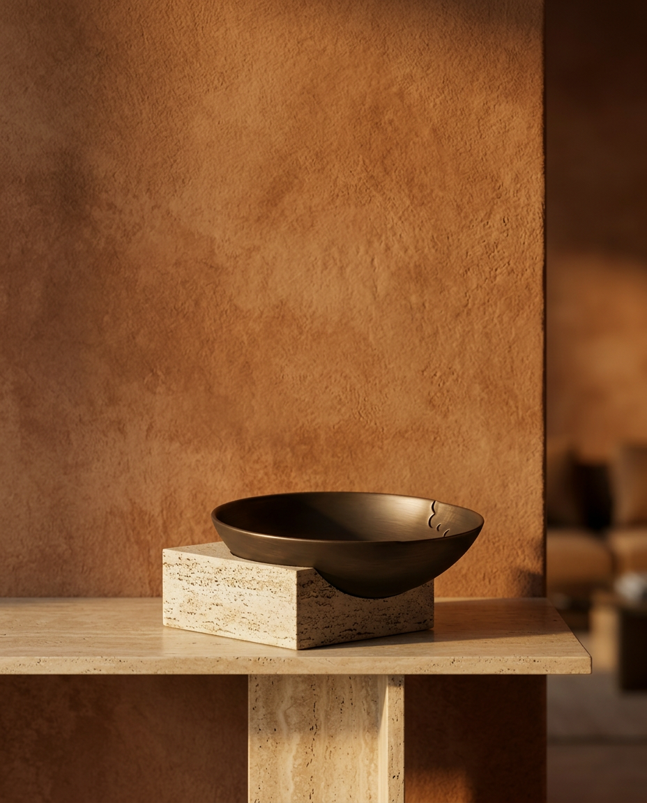 Bronze Travertine Bowl, styled in a real interior setting