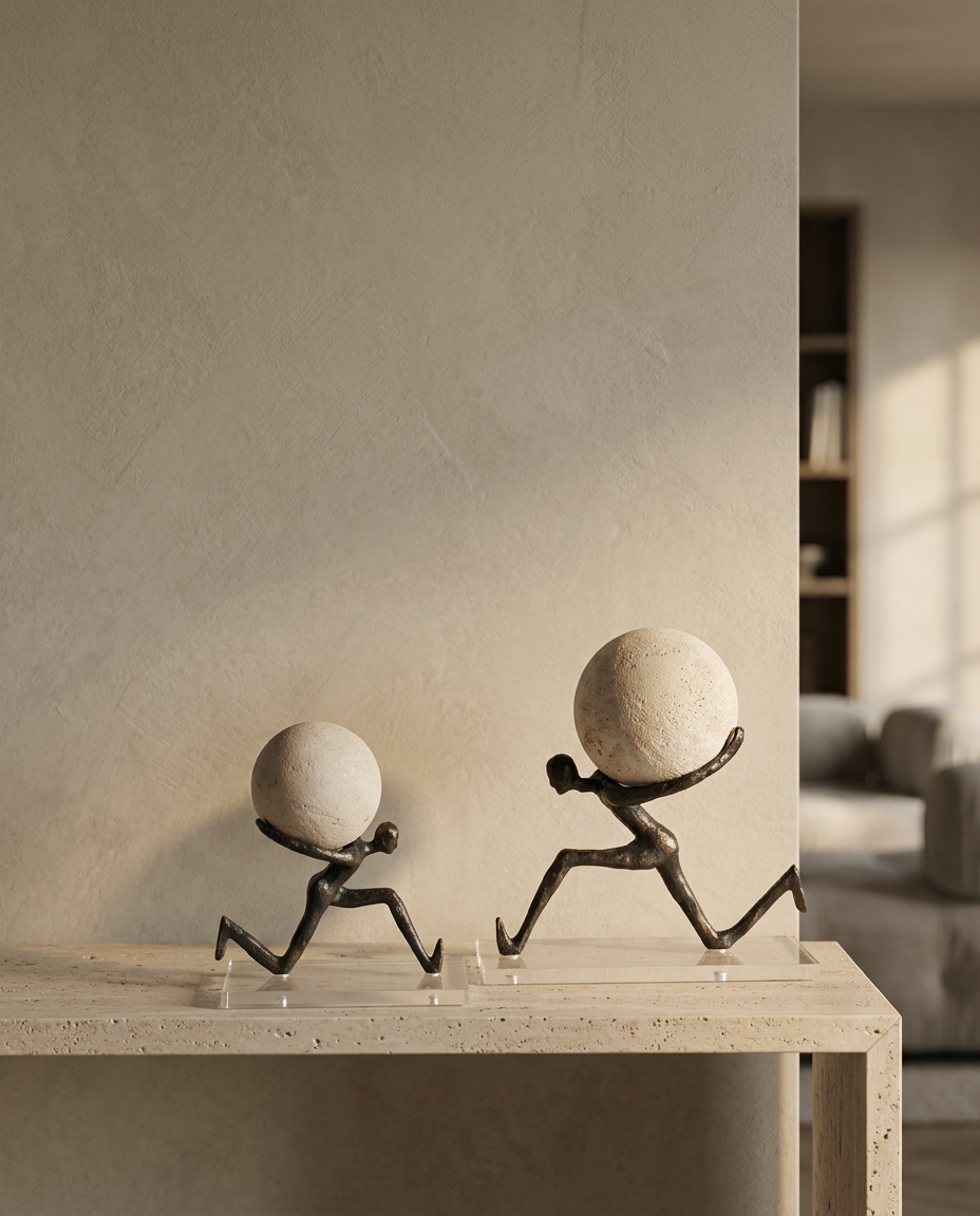 Chasing Balance Travertine Sculpture, styled in a real interior setting