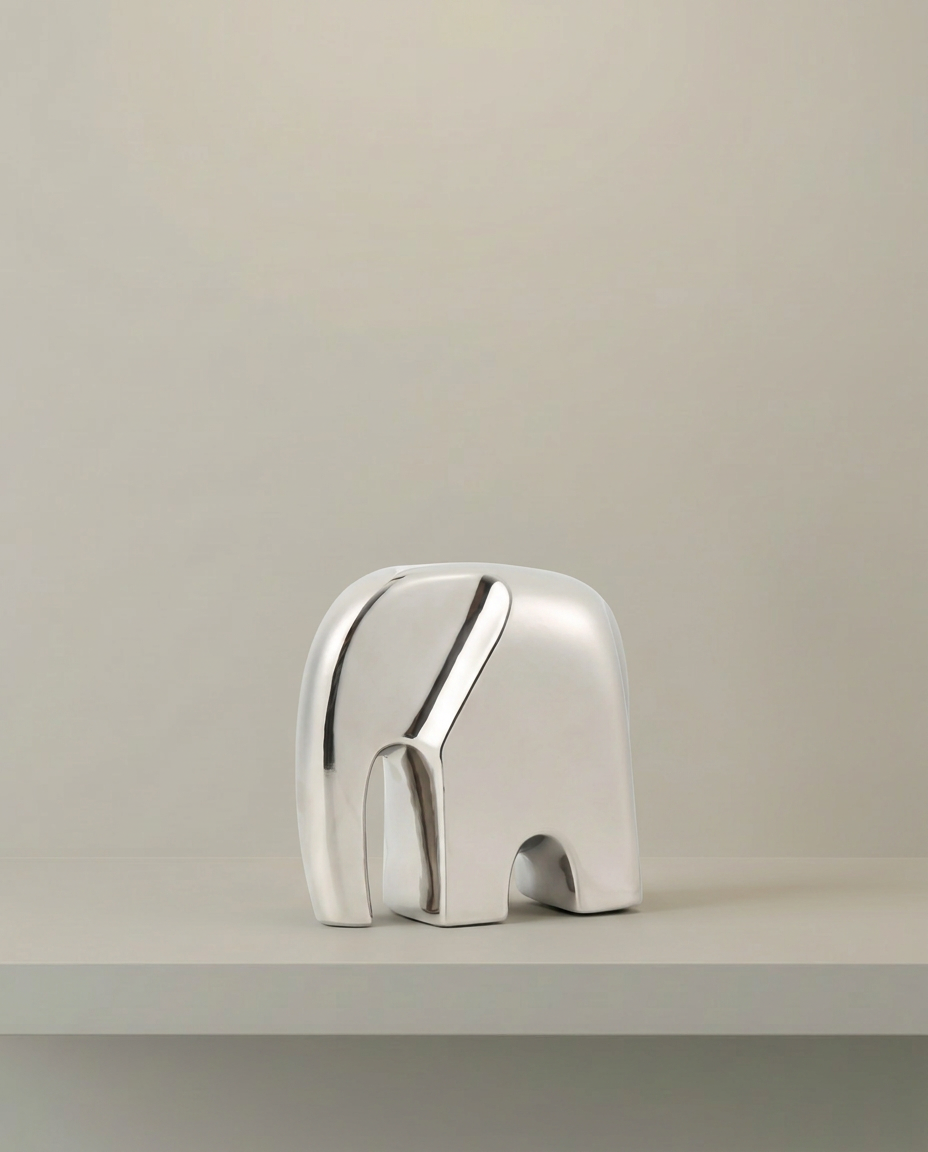 Chrome Elephant Sculpture, front view on neutral background