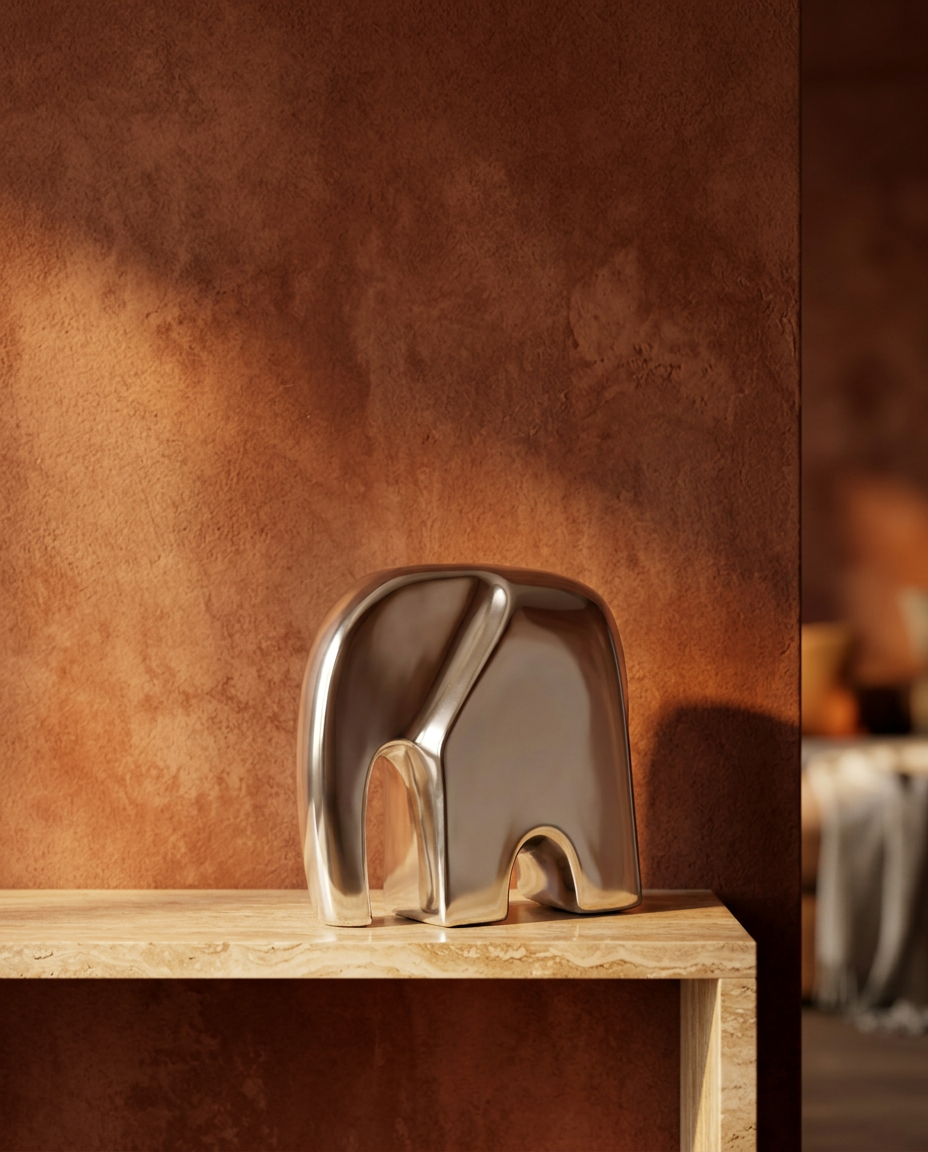 Chrome Elephant Sculpture, styled in a real interior setting