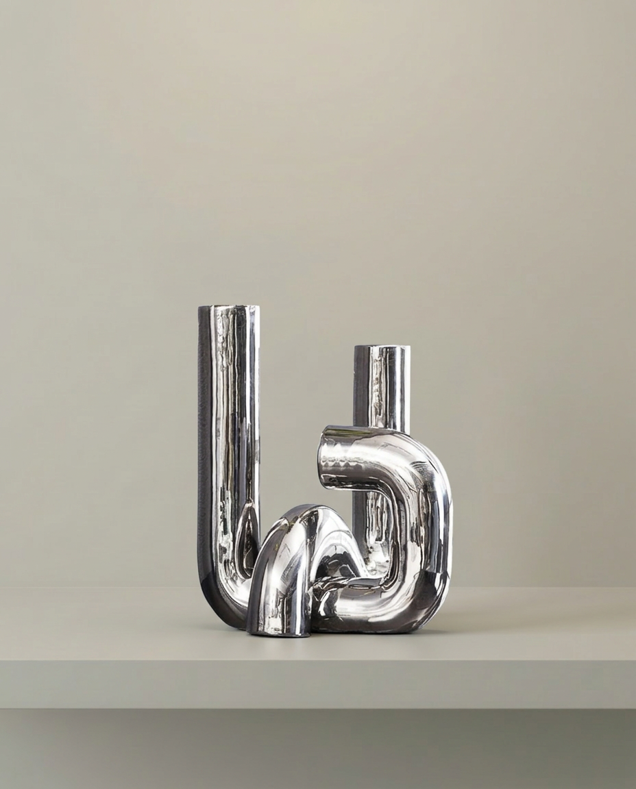 Chrome Tube Sculpture, front view on neutral background