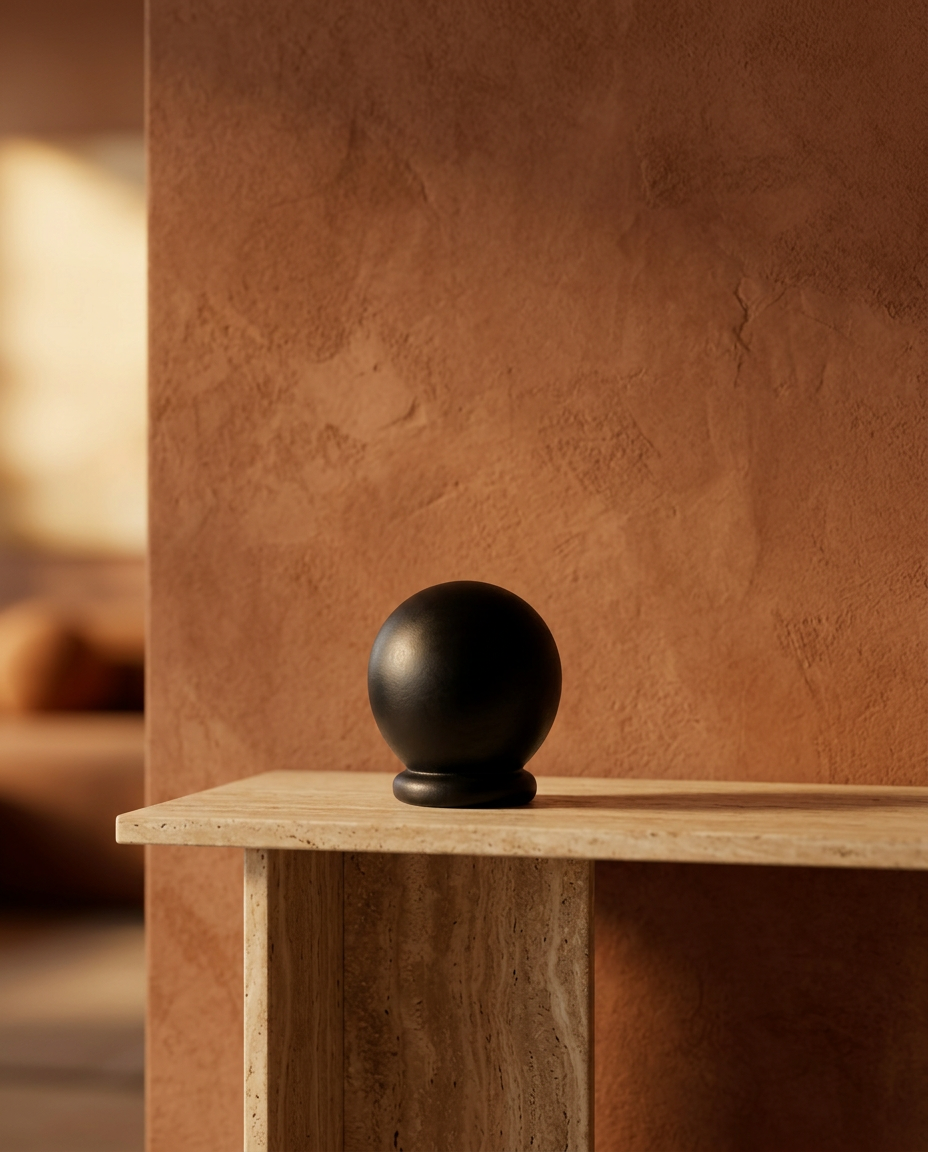 Dark Orb Sculpture, styled in a real interior setting