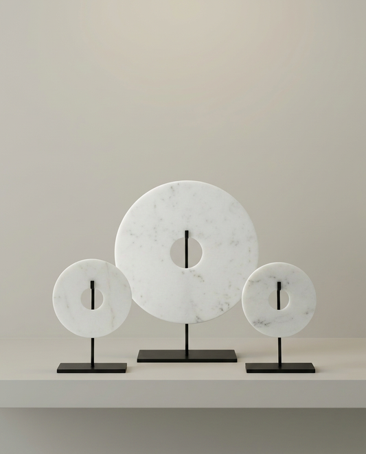 Disc Marble Sculptures, Set of 3, front view on neutral background