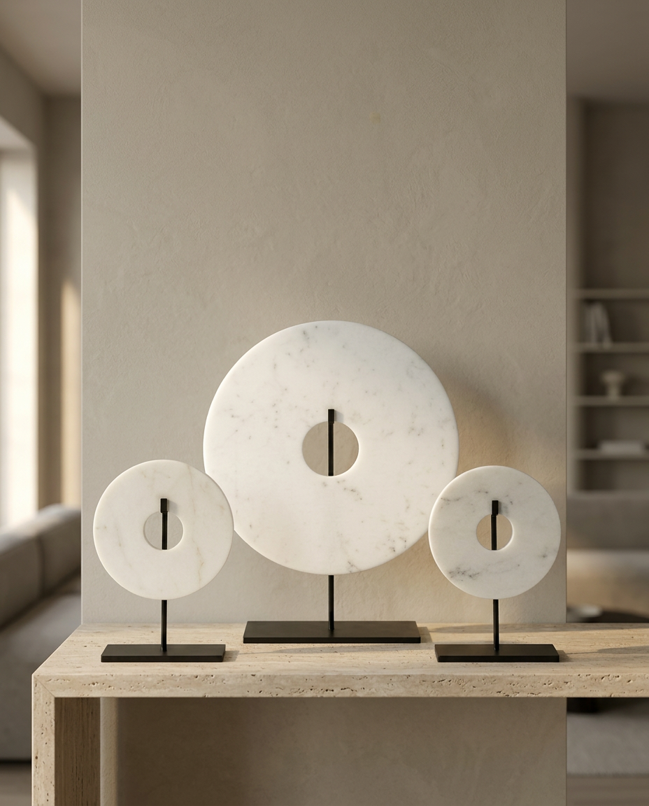 Disc Marble Sculptures, Set of 3, styled in a real interior setting