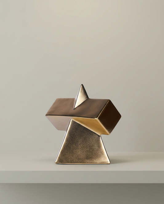 Faceted Gold Sculpture, front view on neutral background