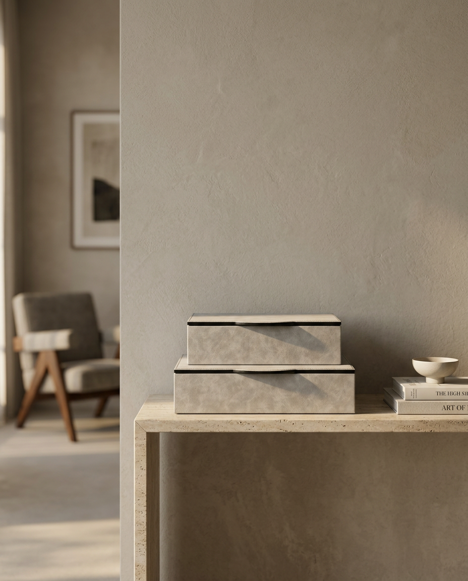 Grey Stone Box Duo, styled in a real interior setting