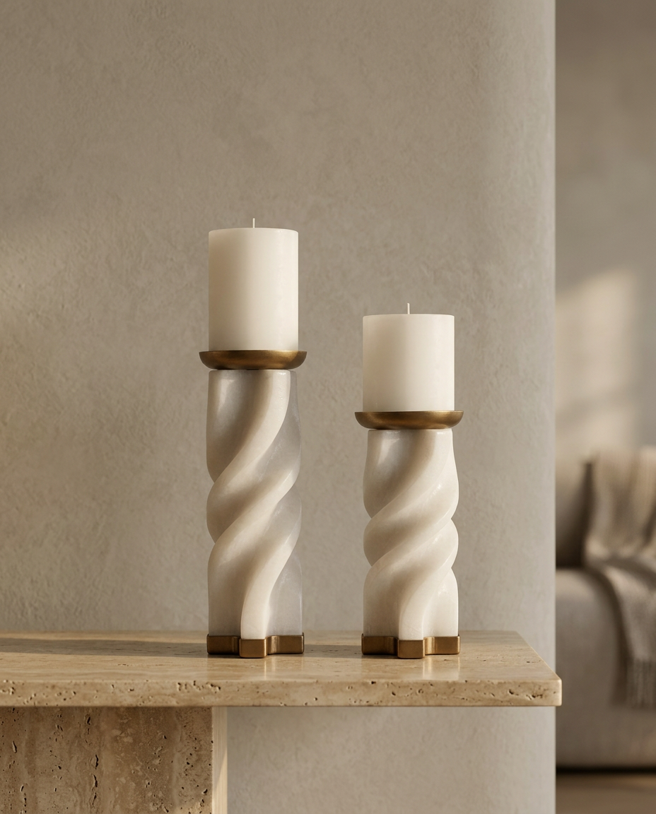 Grip and Twist Marble Candle Holder, styled in a real interior setting