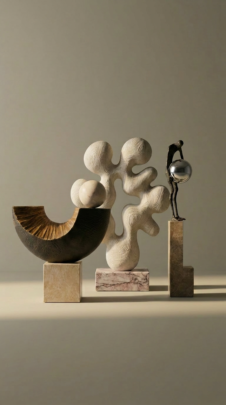 Three abstract sculptures on a neutral background