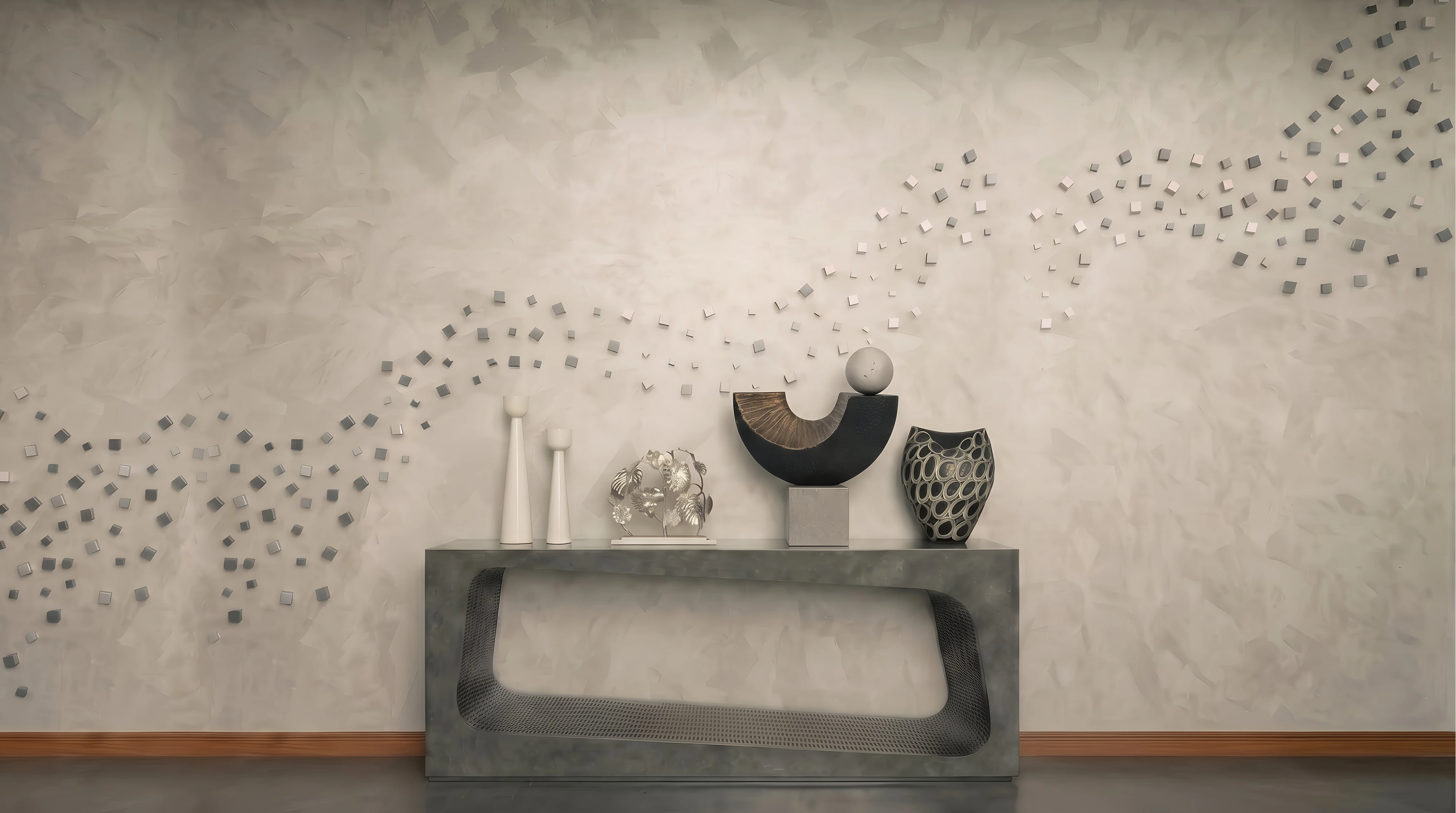 Modern interior design with a concrete console table against a textured wall.