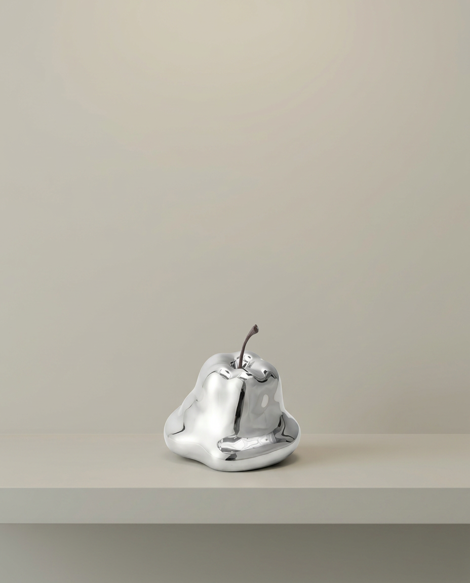 Mirror Pear Sculpture, front view on neutral background