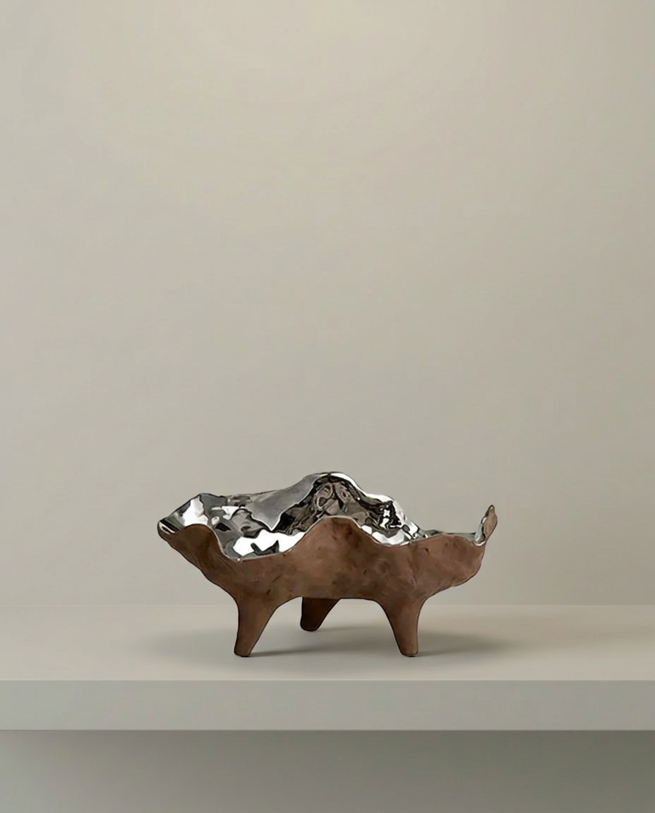 Mirror Tripod Bowl, front view on neutral background