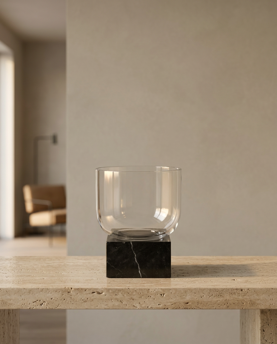 Noir Glass Vase, Small, styled in a real interior setting