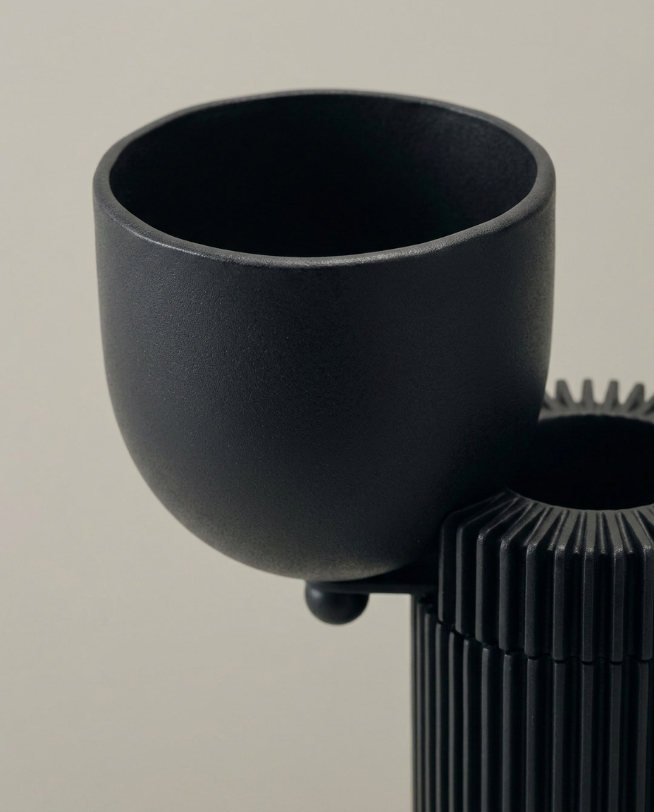 Noir Ribbed Candle Holder, close-up detail showing texture and material