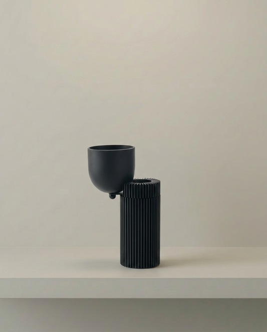 Noir Ribbed Candle Holder, front view on neutral background