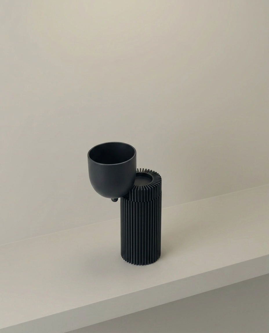 Noir Ribbed Candle Holder, elevated angle view