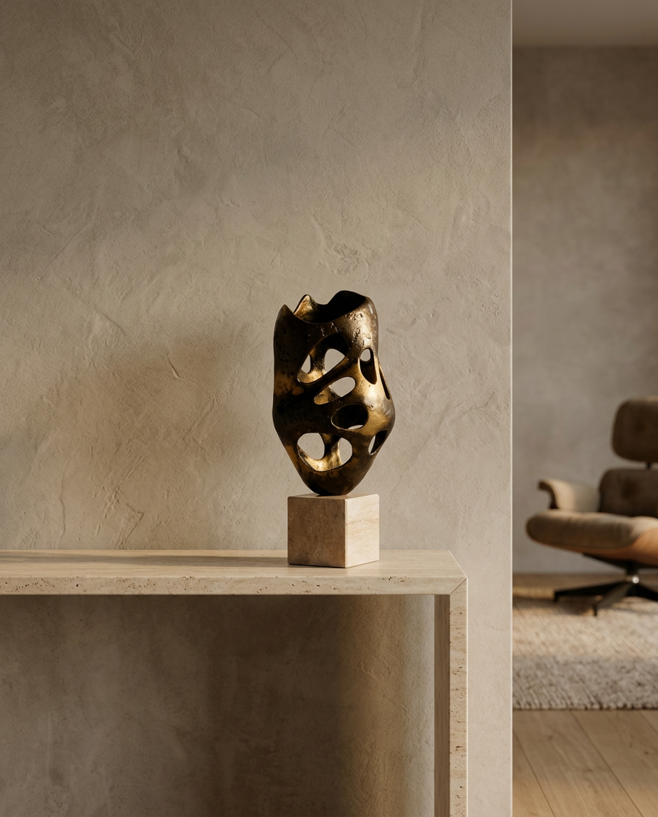 Perforated Bronze Sculpture, styled in a real interior setting
