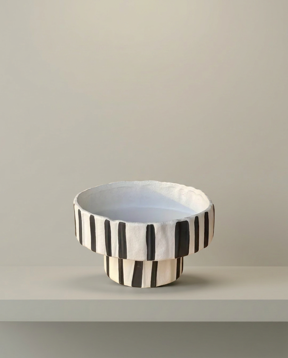 Pinstripe Footed Bowl, front view on neutral background