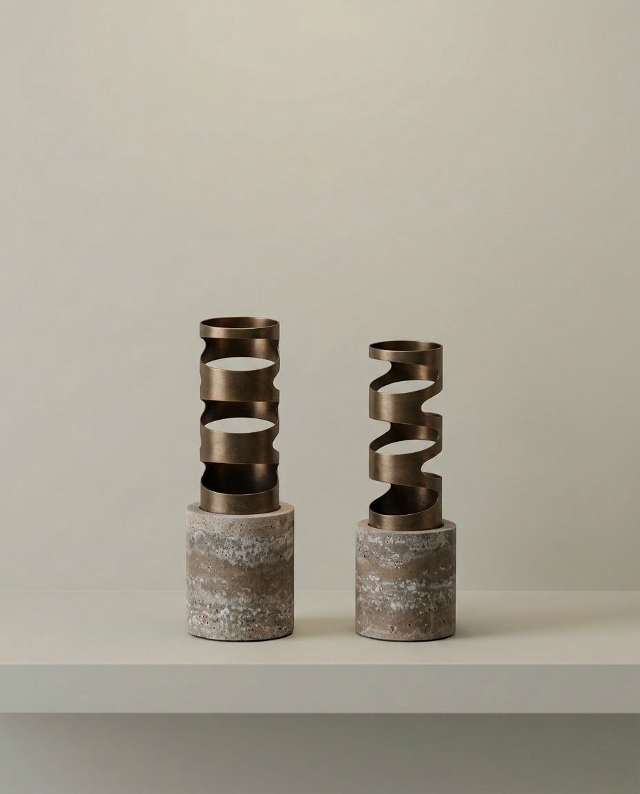 Spiral Bronze Vases, Set of 2, front view on neutral background