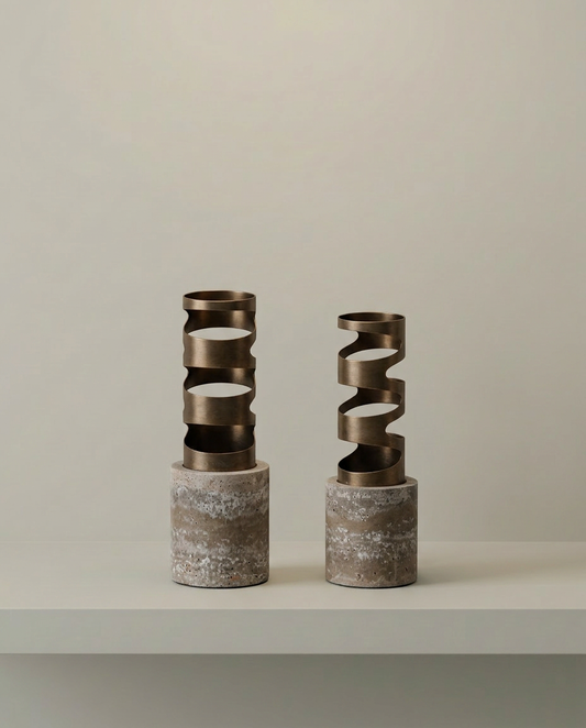 Spiral Bronze Vases, Set of 2, front view on neutral background