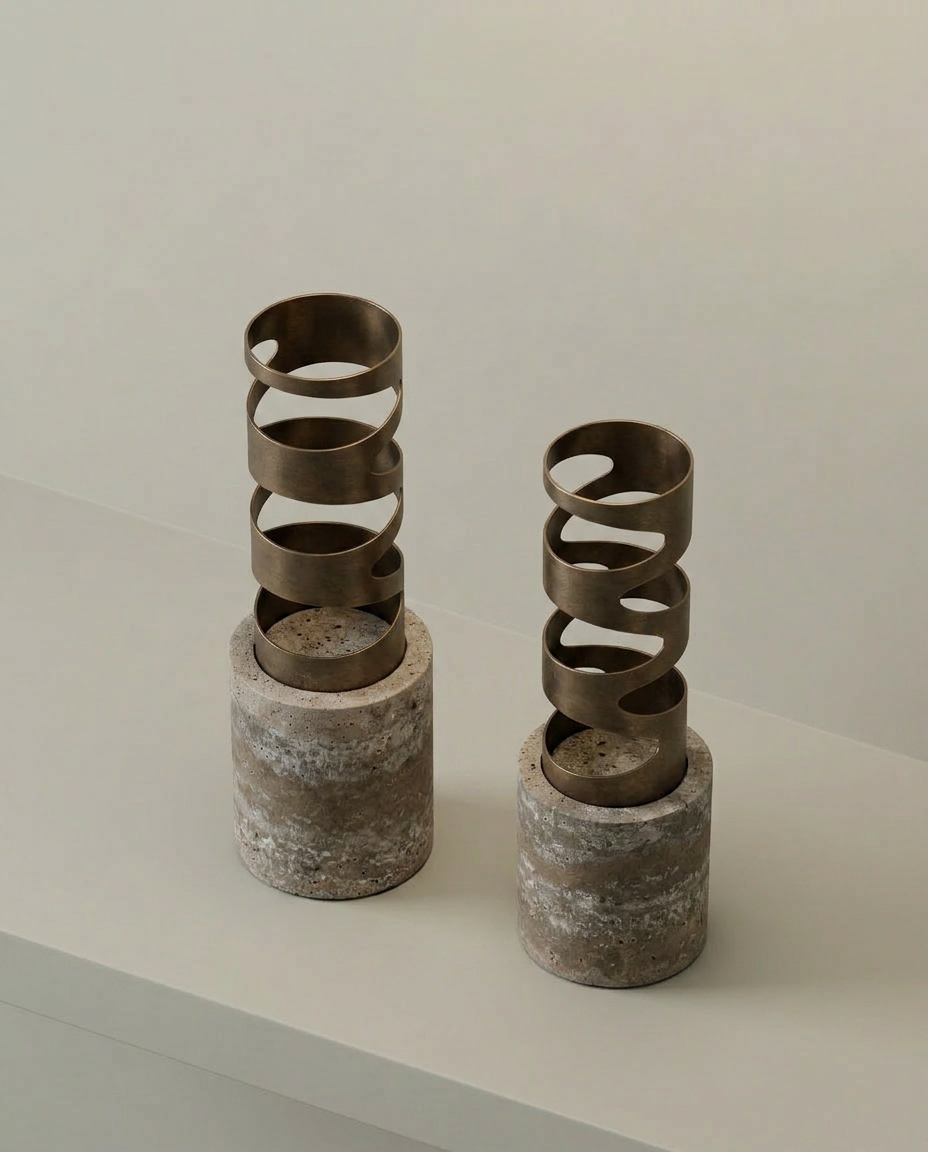 Spiral Bronze Vases, Set of 2, elevated angle view