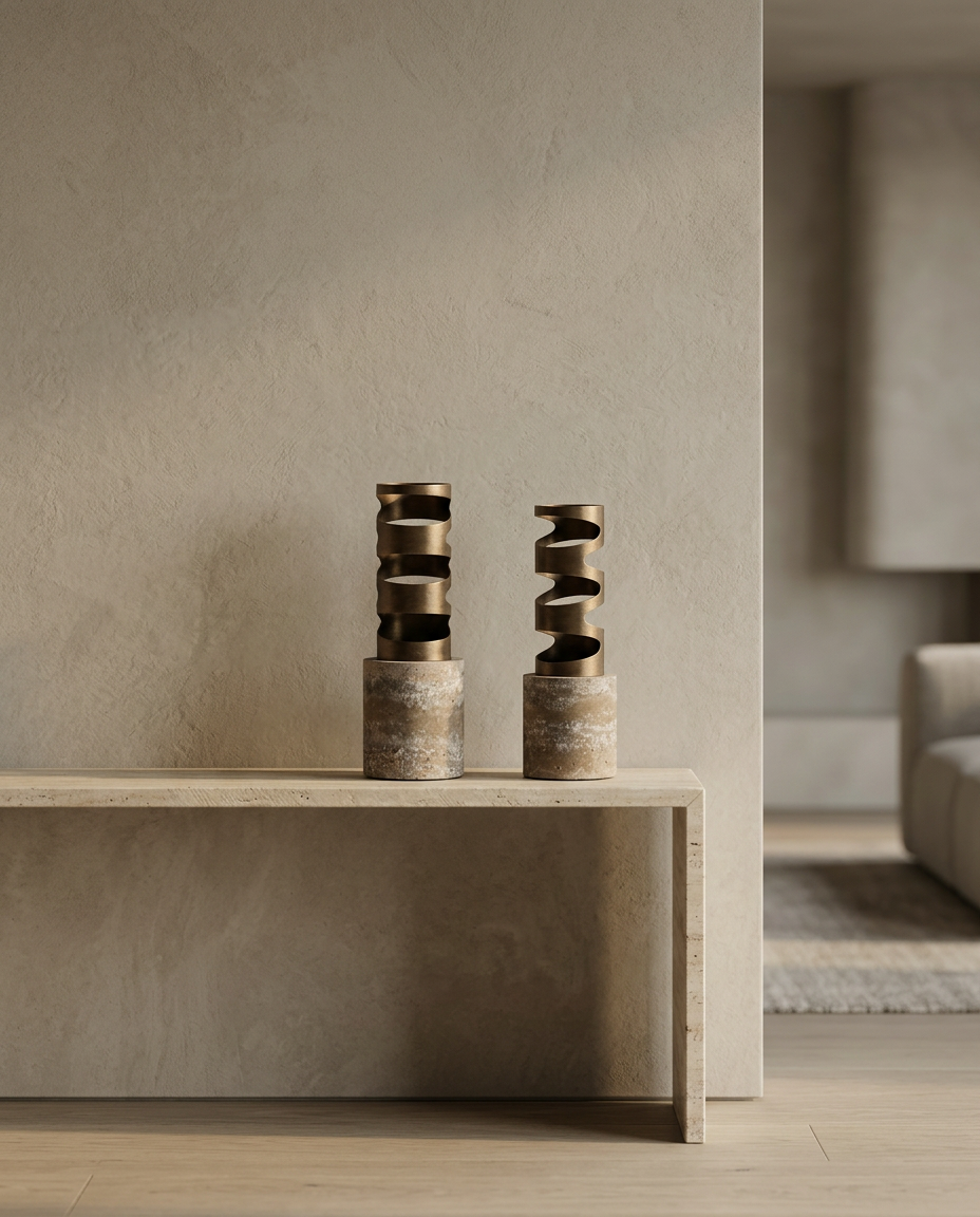 Spiral Bronze Vases, Set of 2, styled in a real interior setting