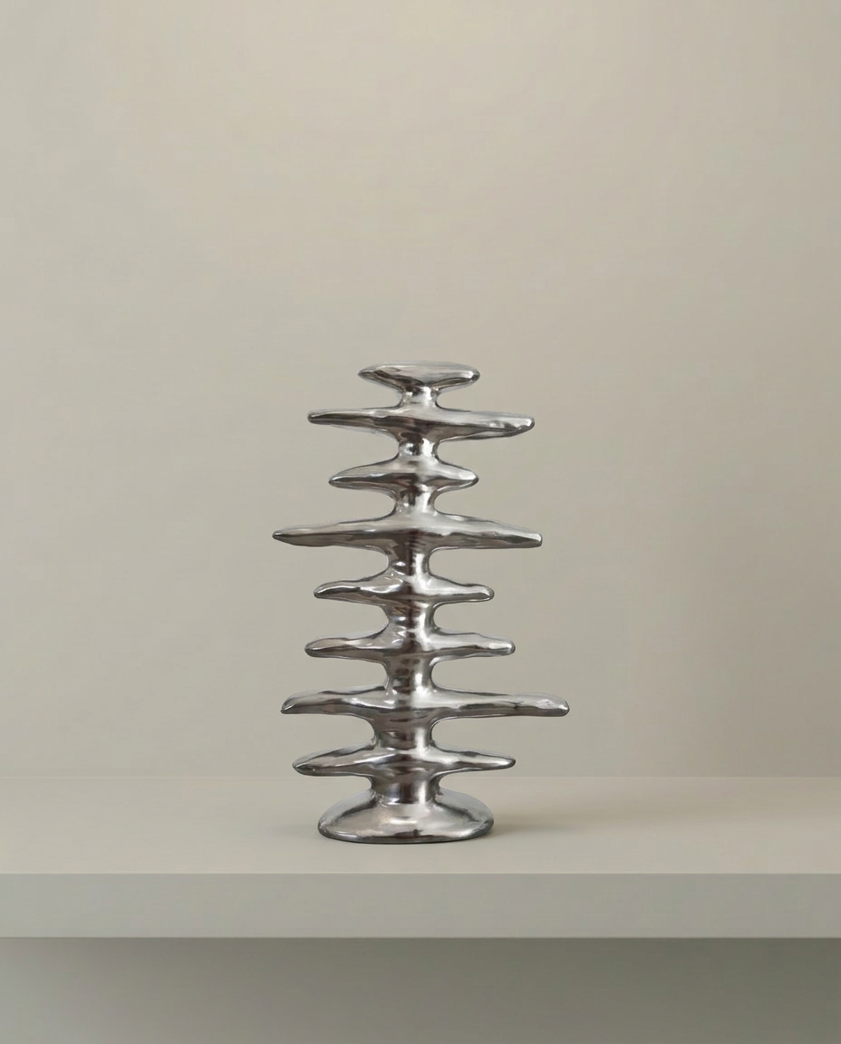 Stacked Disc Sculpture, Silver, front view on neutral background