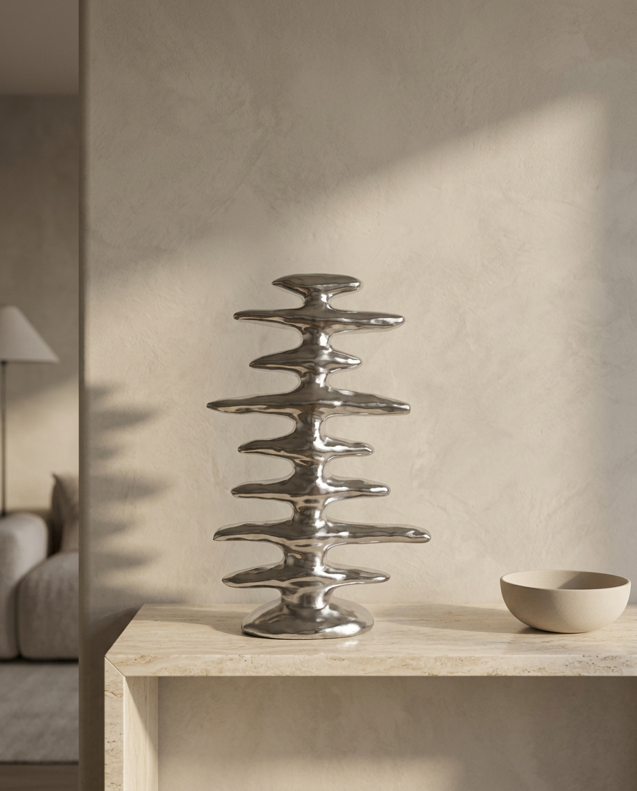 Stacked Disc Sculpture, Silver, styled in a real interior setting