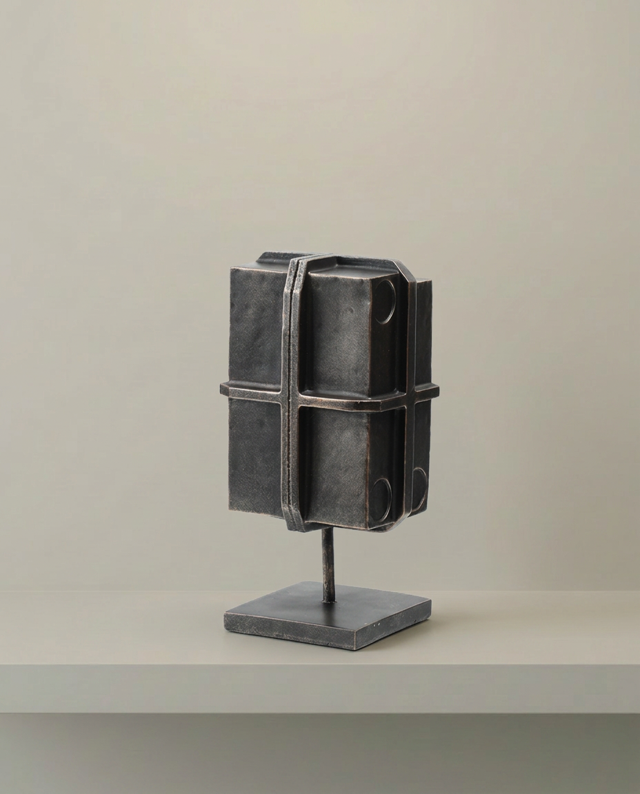 Strapped Block Sculpture, front view on neutral background