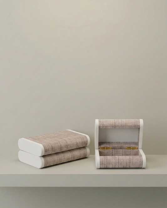 Textured Storage Boxes, front view on neutral background