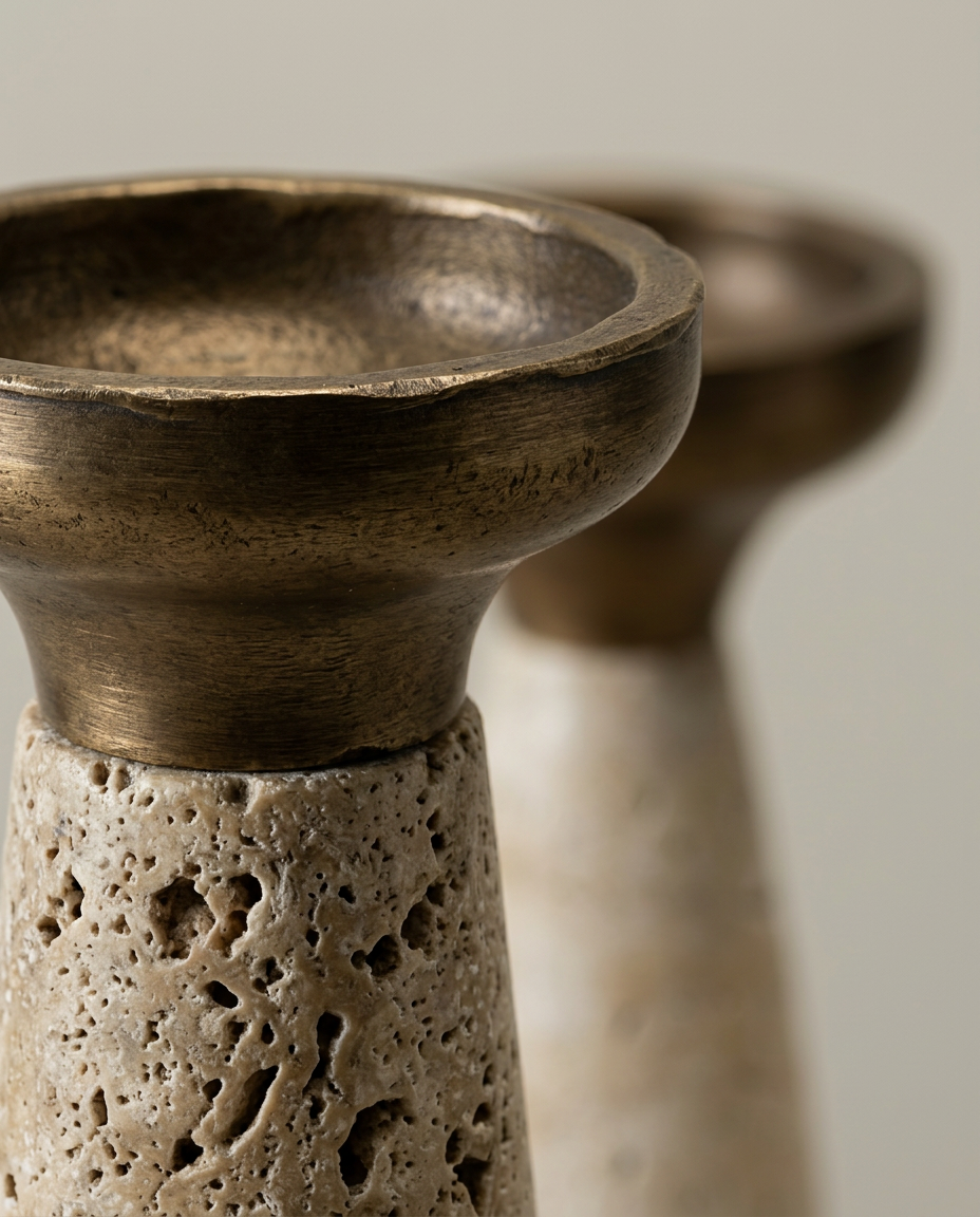 Travertine Brass Candle Holders, close-up detail showing texture and material