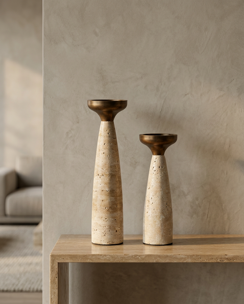 Travertine Brass Candle Holders, styled in a real interior setting