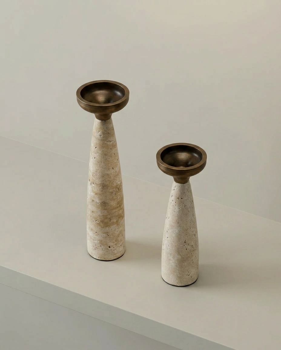 Travertine Brass Candle Holders, elevated angle view