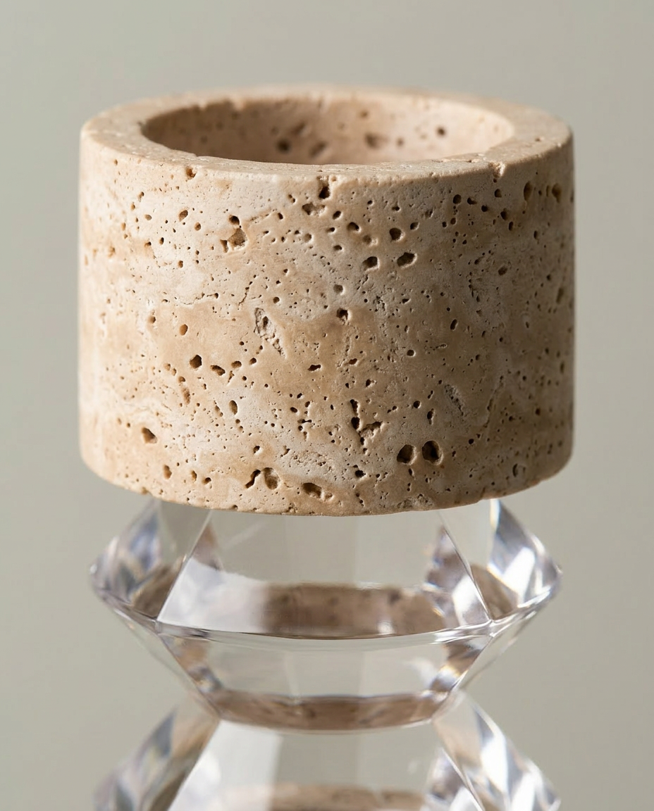 Travertine Crystal Candle Holder, close-up detail showing texture and material